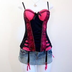 y2k pink lace corset top black ribbon lace up garter